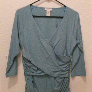 NWOTS, SUNDANCE BRAND, SIZE L, TEAL/GRAY STRIPED,  3/4 SLEEVE, RAUCHED TEE,